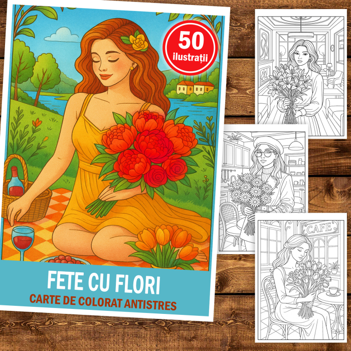 Carte de colorat pentru copii , 50 de ilustratii Fete cu flori, 106 pagini [2]