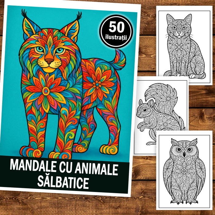 Carte de colorat pentru copii , 50 de ilustratii Mandale cu Animale Salbatice, 106 pagini [2]