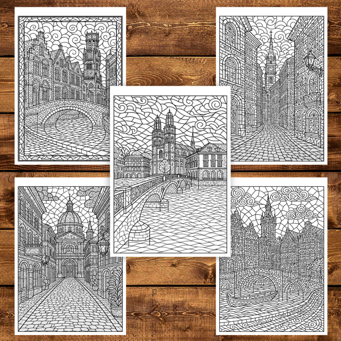 Carte de colorat pentru copii , 50 de ilustratii Peisaje din Europa, 106 pagini [5]