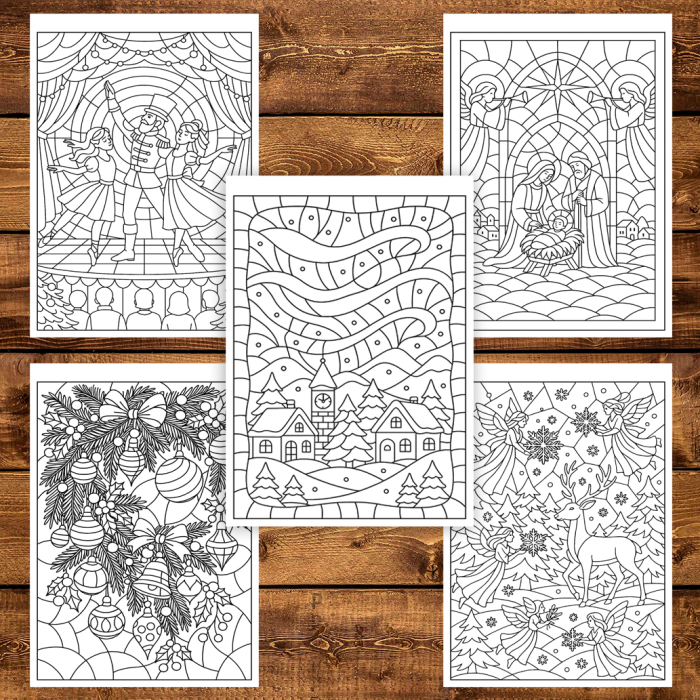 Carte de colorat pentru copii , 50 de ilustratii Vitralii de Craciun, 106 pagini [5]