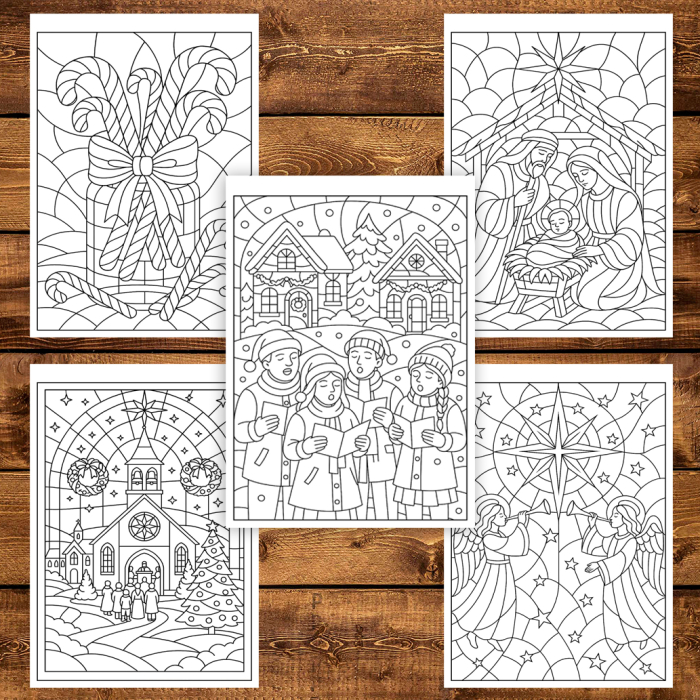 Carte de colorat pentru copii , 50 de ilustratii Vitralii de Craciun, 106 pagini [4]
