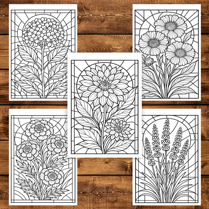 Carte de colorat pentru copii , 50 de ilustratii Vitralii Florale, 106 pagini [4]