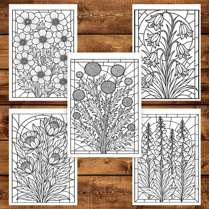 Carte de colorat pentru copii , 50 de ilustratii Vitralii Florale, 106 pagini [5]