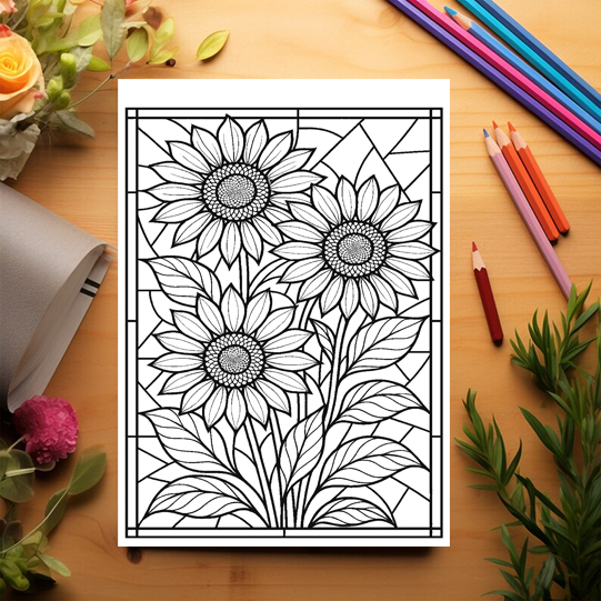 Carte de colorat pentru copii , 50 de ilustratii Vitralii Florale, 106 pagini [3]