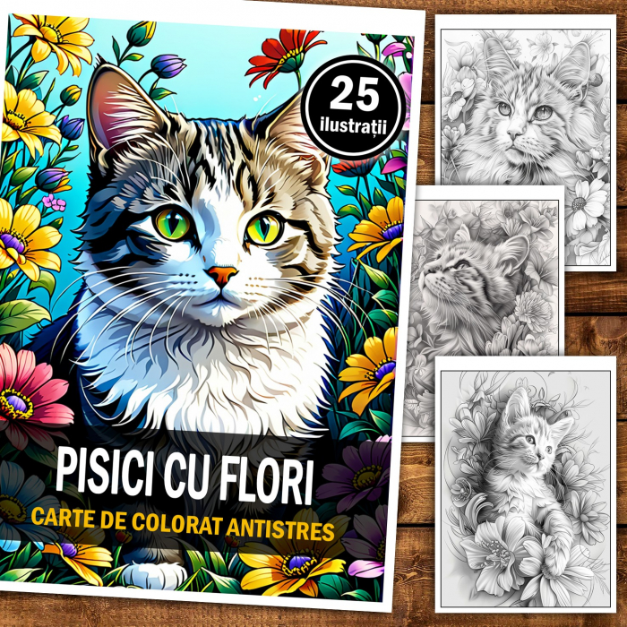 Carte de colorat pentru relaxare si antistres, 25 de ilustratii, Pisici cu flori, 56 pagini [2]