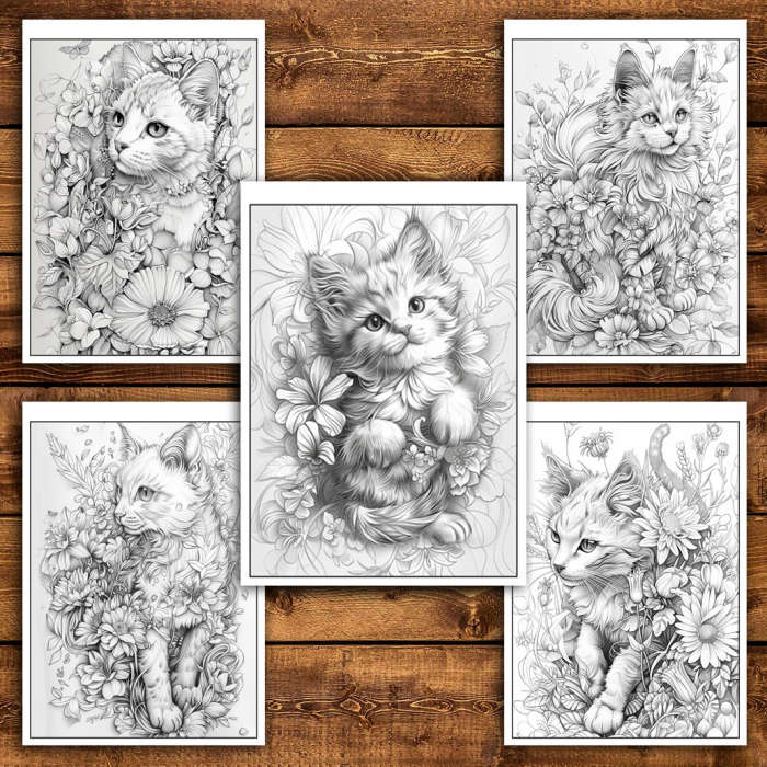Carte de colorat pentru relaxare si antistres, 25 de ilustratii, Pisici cu flori, 56 pagini [5]