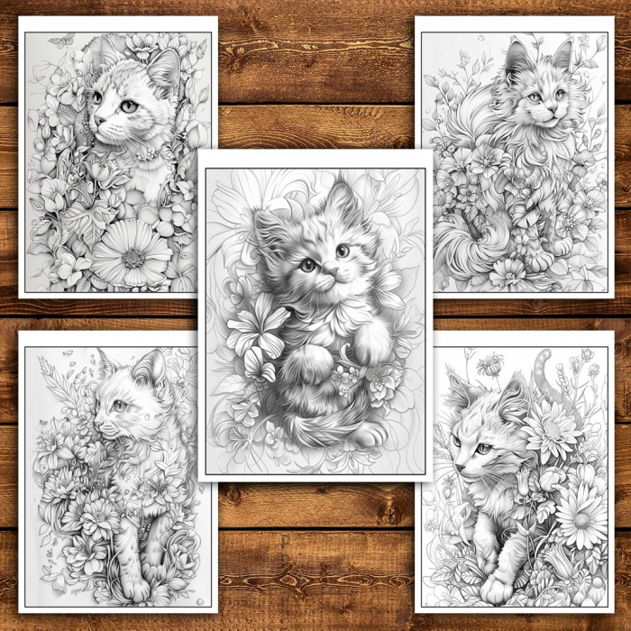 Carte de colorat pentru relaxare si antistres, 25 de ilustratii, Pisici cu flori, 56 pagini [5]