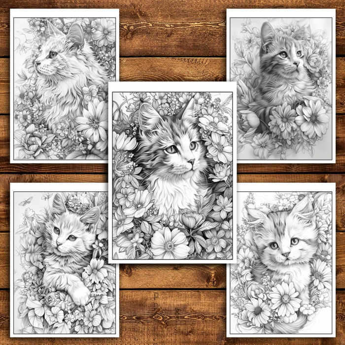 Carte de colorat pentru relaxare si antistres, 25 de ilustratii, Pisici cu flori, 56 pagini [4]