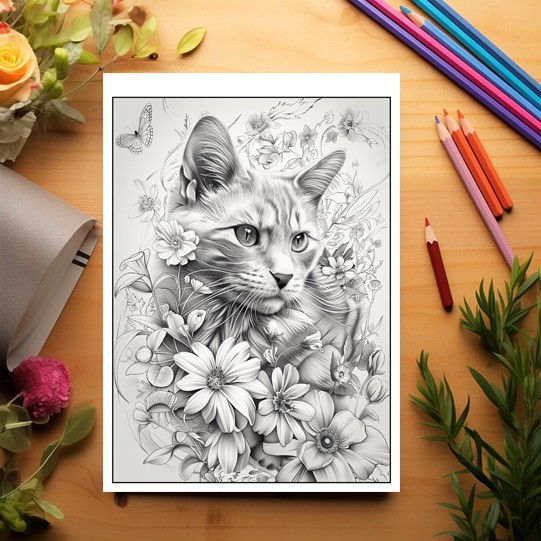 Carte de colorat pentru relaxare si antistres, 25 de ilustratii, Pisici cu flori, 56 pagini [3]
