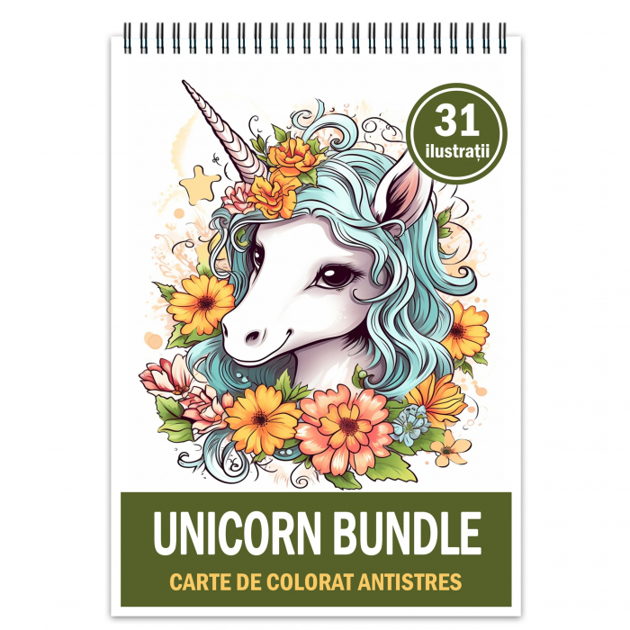 Carte de colorat pentru relaxare si antistres, 31 de ilustratii, Unicorni, 68 pagini [1]