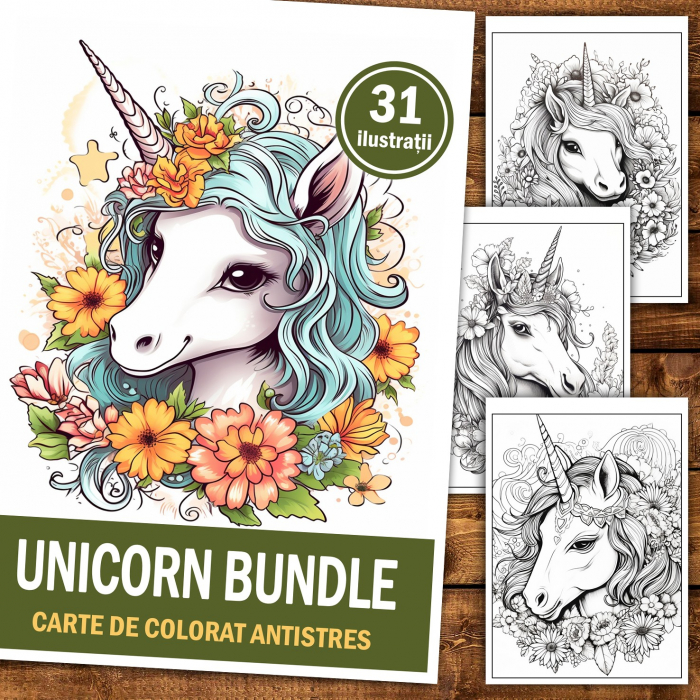 Carte de colorat pentru relaxare si antistres, 31 de ilustratii, Unicorni, 68 pagini [2]