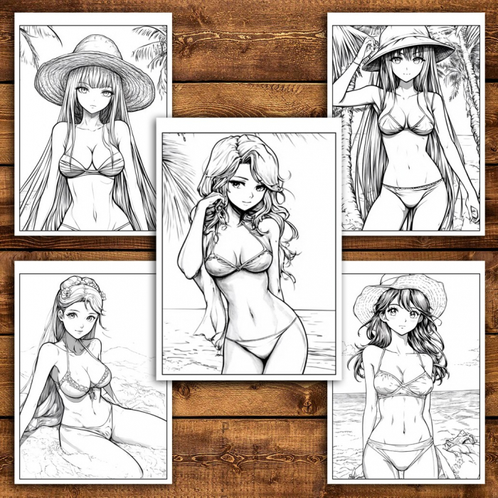 Carte de colorat pentru relaxare si antistres, 34 de ilustratii, Manga Beach Babes, 74 pagini [5]