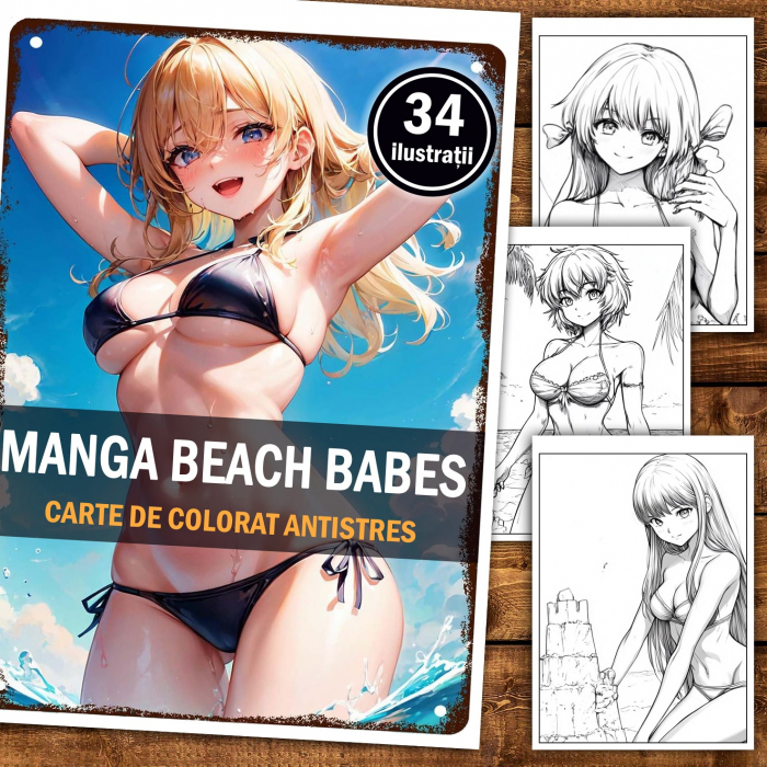 Carte de colorat pentru relaxare si antistres, 34 de ilustratii, Manga Beach Babes, 74 pagini [2]