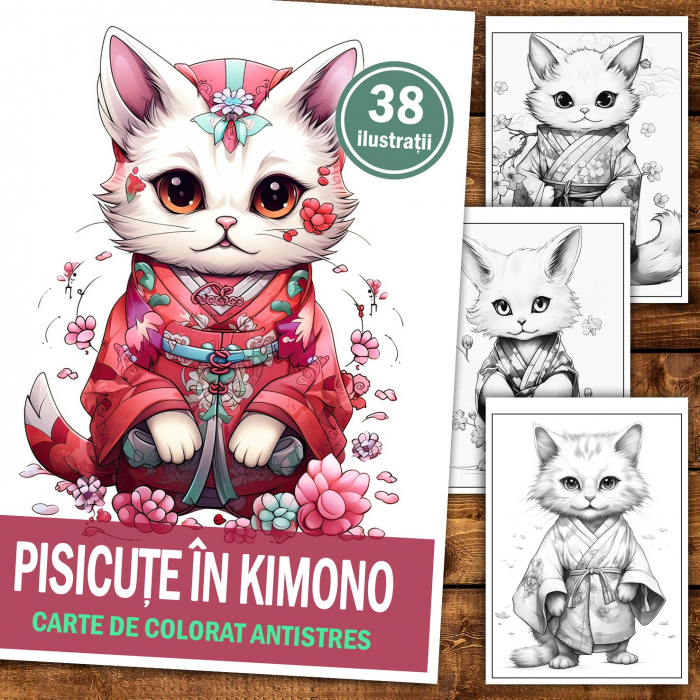 Carte de colorat pentru relaxare si antistres, 38 de ilustratii, Pisicute in Kimono, 82 pagini [2]