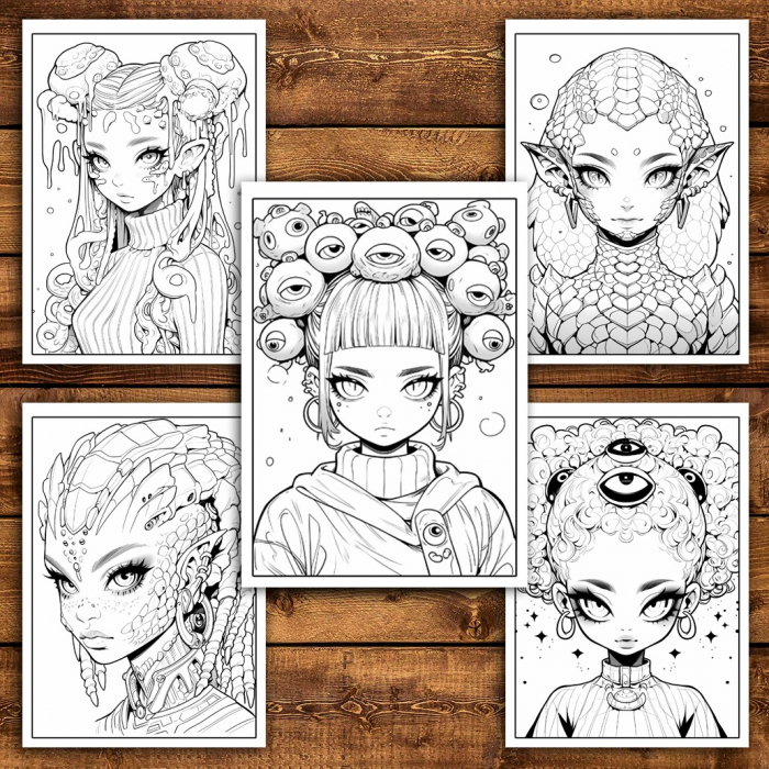 Carte de colorat pentru relaxare si antistres, 40 de ilustratii, Anime Alien Girls, 86 pagini [5]