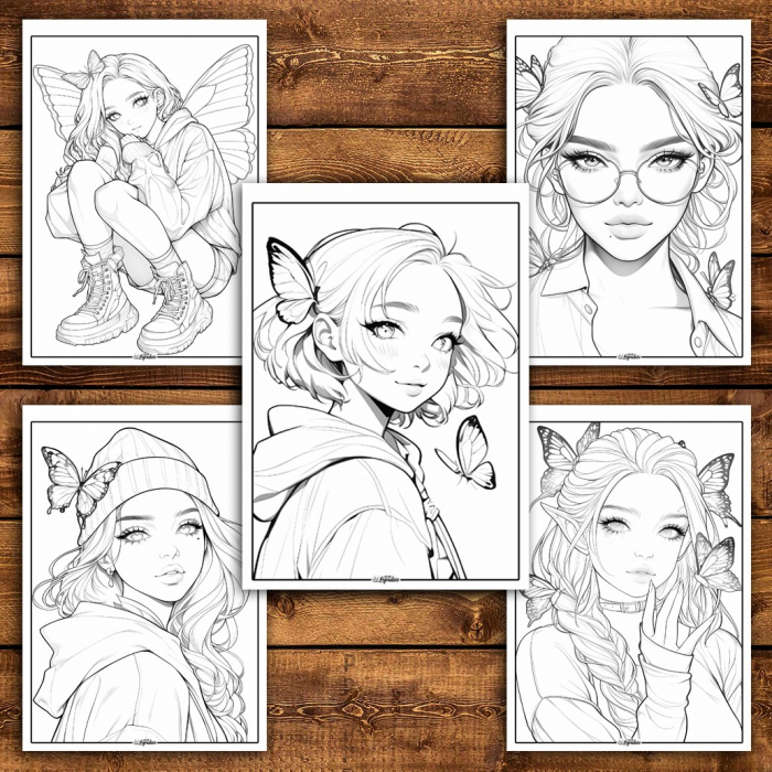 Carte de colorat pentru relaxare si antistres, 40 de ilustratii, Anime Butterfly Girls, 86 pagini [6]
