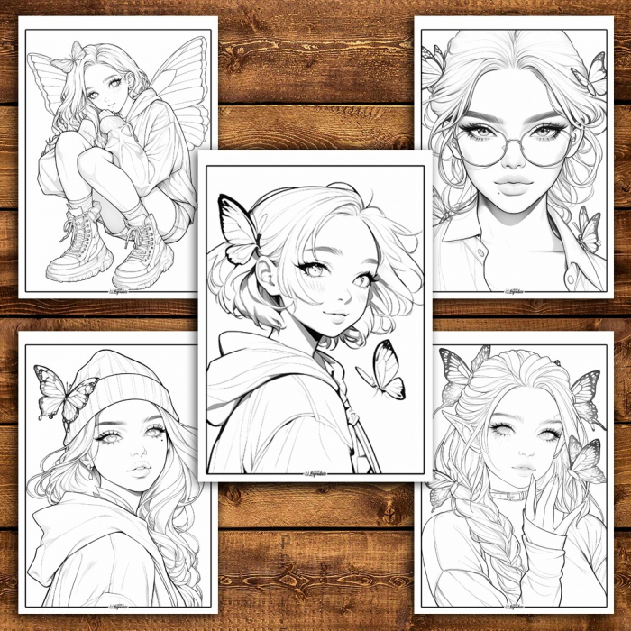 Carte de colorat pentru relaxare si antistres, 40 de ilustratii, Anime Butterfly Girls, 86 pagini [6]