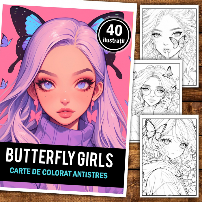 Carte de colorat pentru relaxare si antistres, 40 de ilustratii, Anime Butterfly Girls, 86 pagini [2]