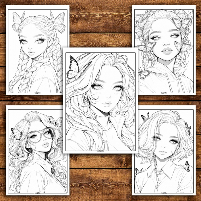 Carte de colorat pentru relaxare si antistres, 40 de ilustratii, Anime Butterfly Girls, 86 pagini [5]
