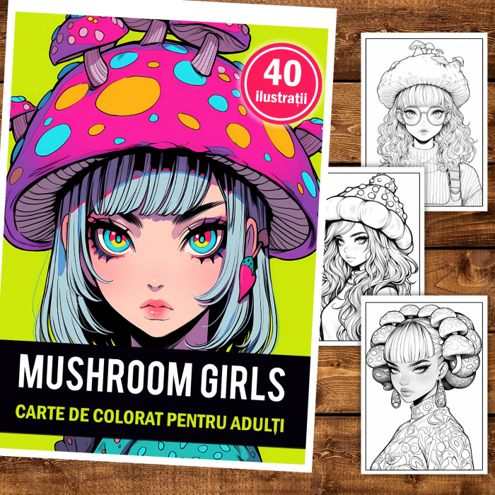 Carte de colorat pentru relaxare si antistres, 40 de ilustratii, Anime Mushroom Girls, 86 pagini [2]