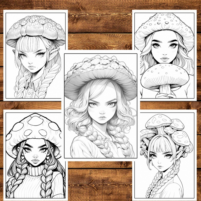 Carte de colorat pentru relaxare si antistres, 40 de ilustratii, Anime Mushroom Girls, 86 pagini [4]