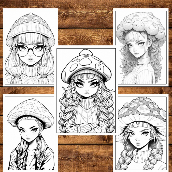 Carte de colorat pentru relaxare si antistres, 40 de ilustratii, Anime Mushroom Girls, 86 pagini [6]