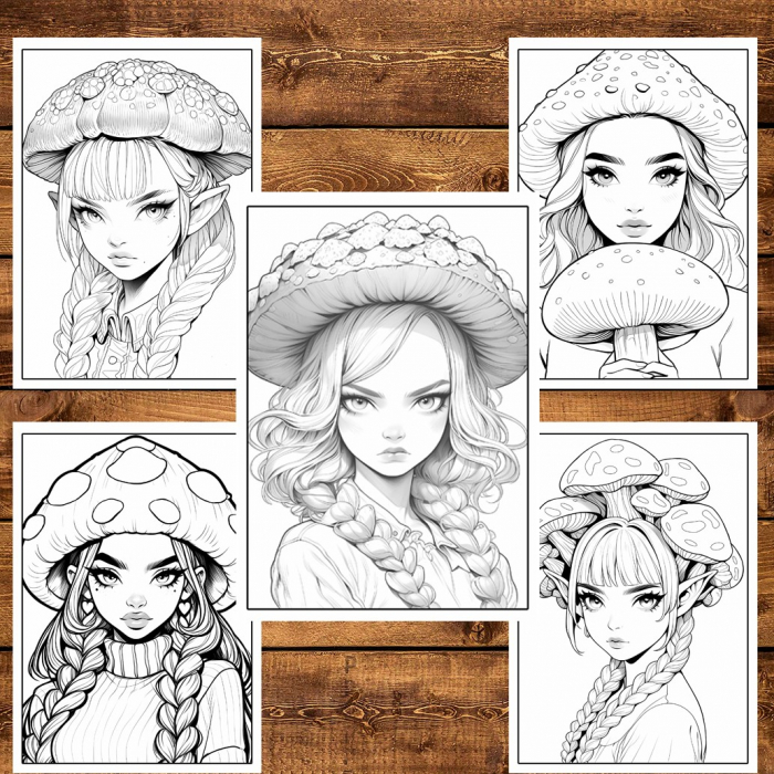Carte de colorat pentru relaxare si antistres, 40 de ilustratii, Anime Mushroom Girls, 86 pagini [4]