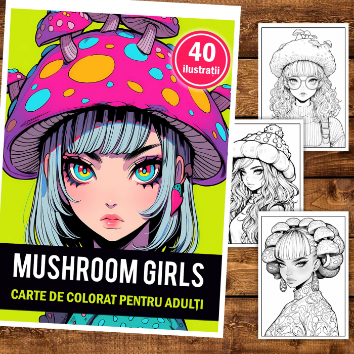 Carte de colorat pentru relaxare si antistres, 40 de ilustratii, Anime Mushroom Girls, 86 pagini [2]