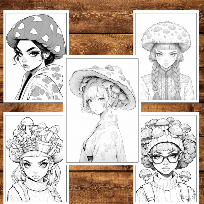 Carte de colorat pentru relaxare si antistres, 40 de ilustratii, Anime Mushroom Girls, 86 pagini [5]