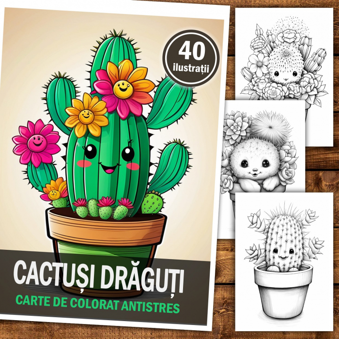 Carte de colorat pentru relaxare si antistres, 40 de ilustratii, Cactusi Draguti, 96 pagini [2]