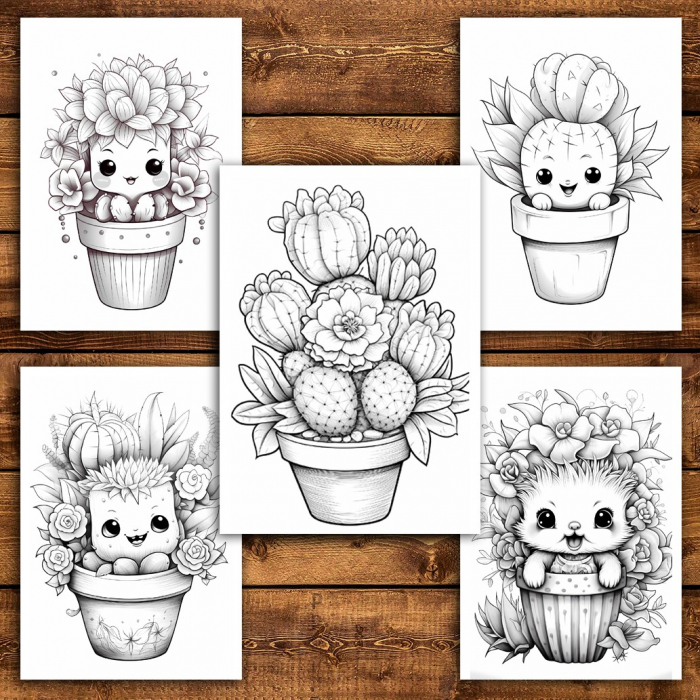 Carte de colorat pentru relaxare si antistres, 40 de ilustratii, Cactusi Draguti, 96 pagini [5]