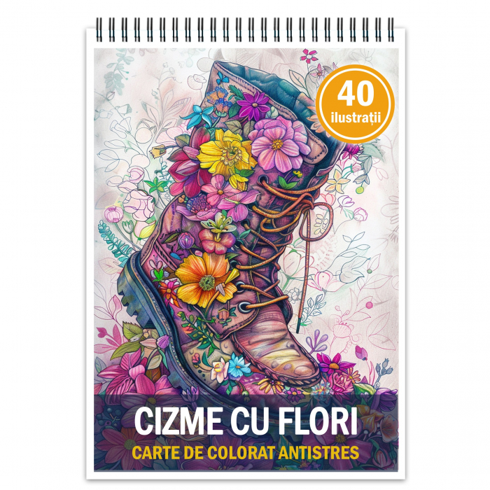 Carte de colorat pentru relaxare si antistres, 40 de ilustratii, Cizme cu Flori, 86 pagini [1]