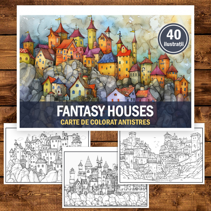 Carte de colorat pentru relaxare si antistres, 40 de ilustratii, Fantasy Houses, 86 pagini [2]