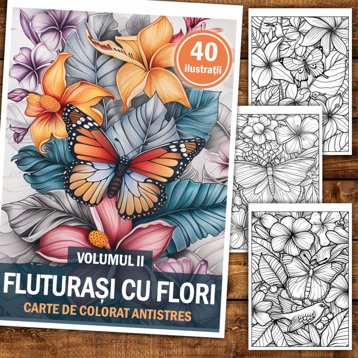 Carte de colorat pentru relaxare si antistres, 40 de ilustratii, Fluturasi cu Flori - Volumul II, 86 pagini [2]