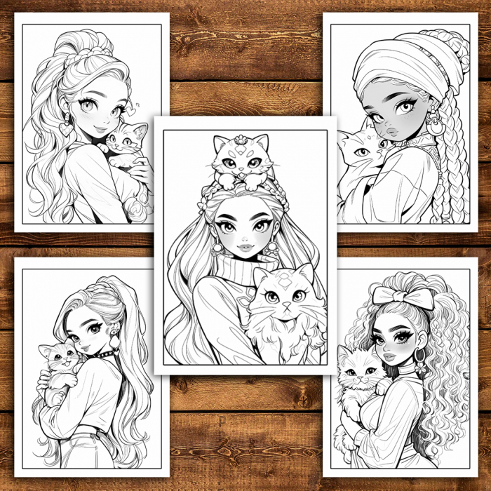 Carte de colorat pentru relaxare si antistres, 40 de ilustratii, Girls with Cats, 106 pagini [5]