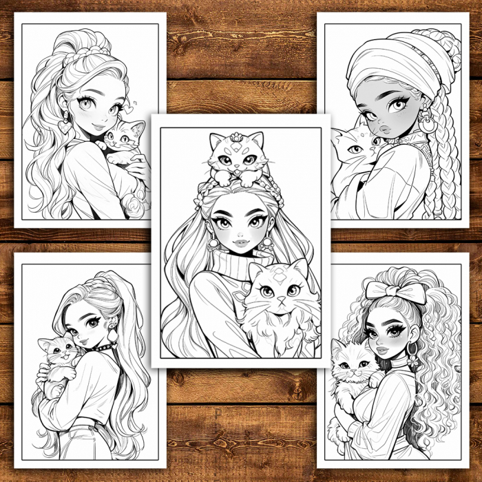 Carte de colorat pentru relaxare si antistres, 40 de ilustratii, Girls with Cats, 106 pagini [5]