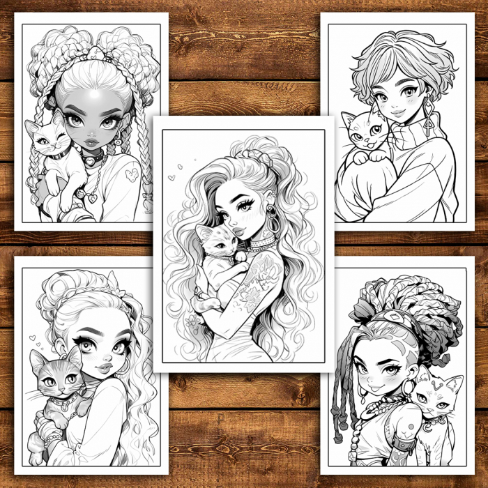 Carte de colorat pentru relaxare si antistres, 40 de ilustratii, Girls with Cats, 106 pagini [6]