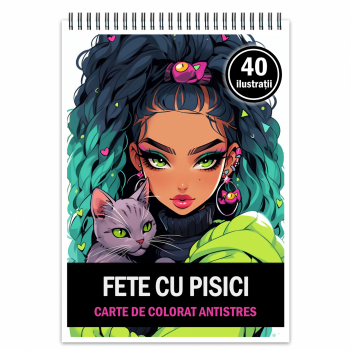 Carte de colorat pentru relaxare si antistres, 40 de ilustratii, Girls with Cats, 106 pagini [1]