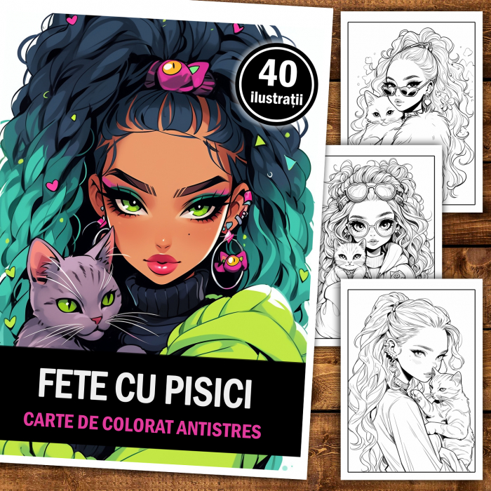 Carte de colorat pentru relaxare si antistres, 40 de ilustratii, Girls with Cats, 106 pagini [2]