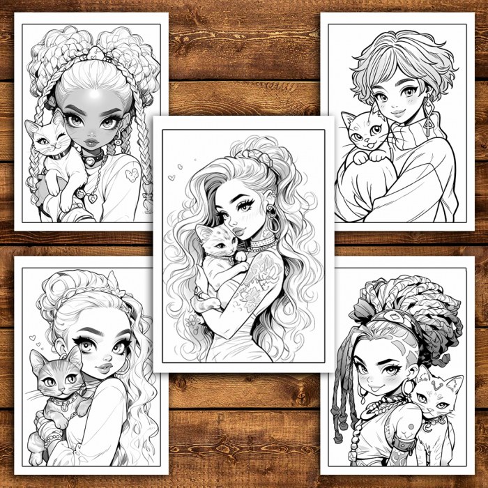 Carte de colorat pentru relaxare si antistres, 40 de ilustratii, Girls with Cats, 106 pagini [6]