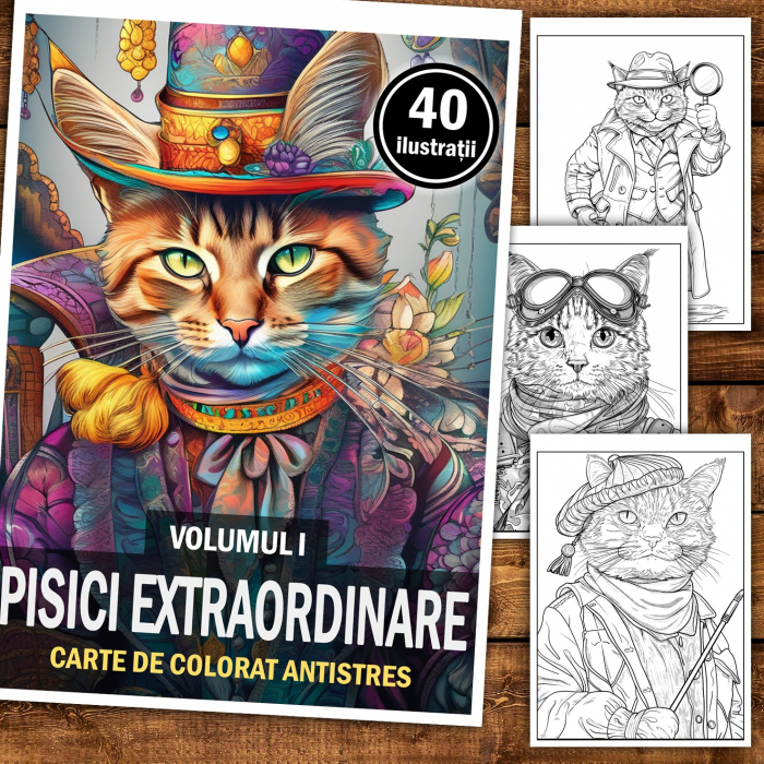 Carte de colorat pentru relaxare si antistres, 40 de ilustratii, Pisici Extraordinare - Volumul I, 86 pagini [2]