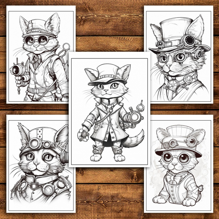 Carte de colorat pentru relaxare si antistres, 40 de ilustratii, Pisici Steampunk, 86 pagini [5]