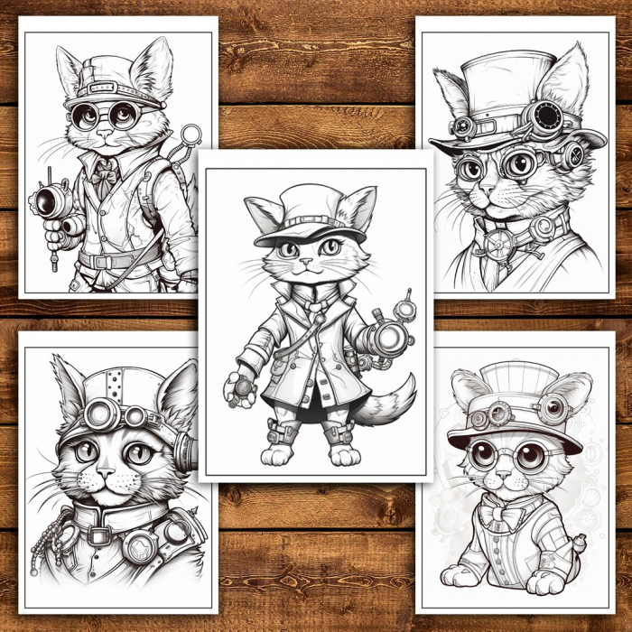 Carte de colorat pentru relaxare si antistres, 40 de ilustratii, Pisici Steampunk, 86 pagini [5]