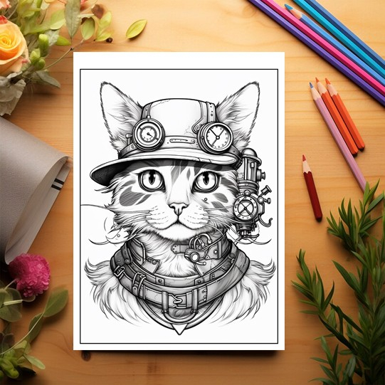 Carte de colorat pentru relaxare si antistres, 40 de ilustratii, Pisici Steampunk, 86 pagini [3]