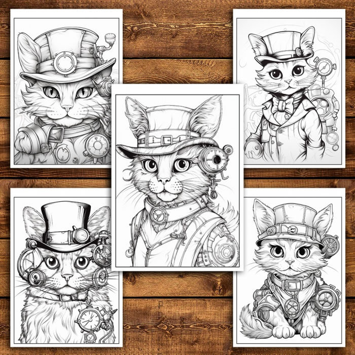 Carte de colorat pentru relaxare si antistres, 40 de ilustratii, Pisici Steampunk, 86 pagini [4]