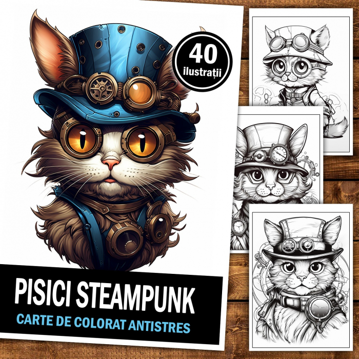 Carte de colorat pentru relaxare si antistres, 40 de ilustratii, Pisici Steampunk, 86 pagini [2]