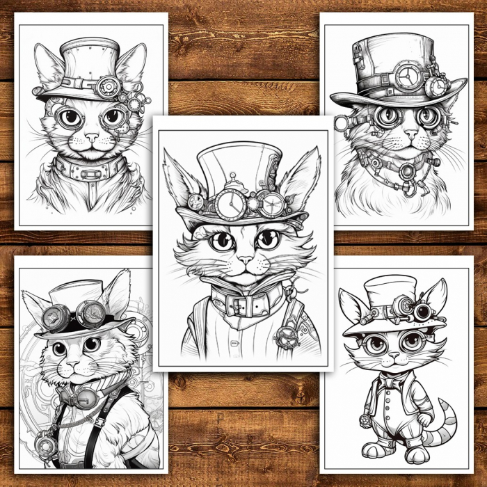 Carte de colorat pentru relaxare si antistres, 40 de ilustratii, Pisici Steampunk, 86 pagini [6]