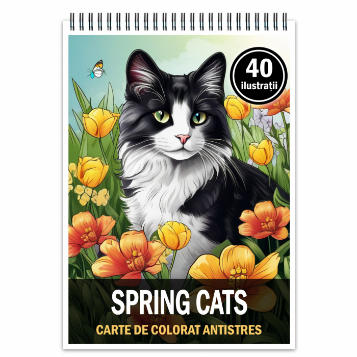 Carte de colorat pentru relaxare si antistres, 40 de ilustratii, Spring Cats, 86 pagini [1]