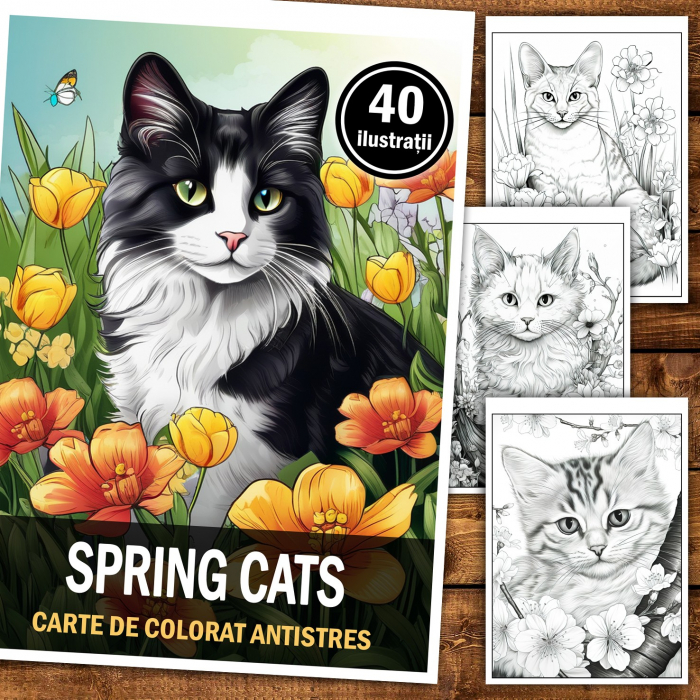 Carte de colorat pentru relaxare si antistres, 40 de ilustratii, Spring Cats, 86 pagini [2]