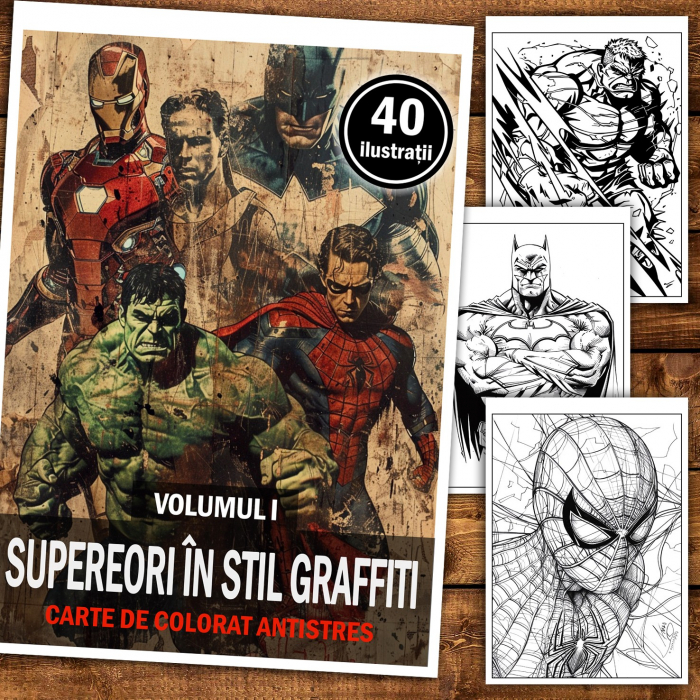 Carte de colorat pentru relaxare si antistres, 40 de ilustratii, Supereroi in stil graffiti - Volumul I, 86 pagini [2]